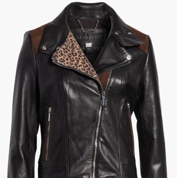 Bernardo Leather Moto Jacket - Mixed Media Black and Leopard Print, Size XS - Picture 3 of 12